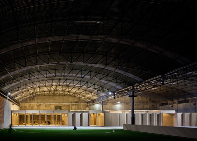 Comoco Architects, Portugal, N10 Sports Facility, Coimbra, Soccer, renovation, warehouse, interior space, soccer field, MDF boards,
