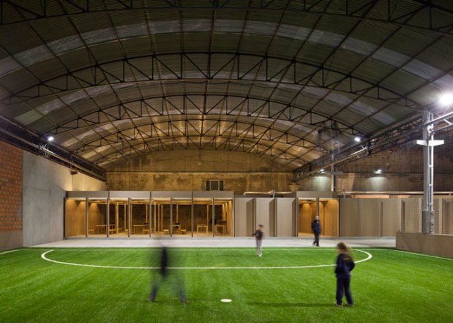 Comoco Architects, Portugal, N10 Sports Facility, Coimbra, Soccer, renovation, warehouse, interior space, soccer field, MDF boards,