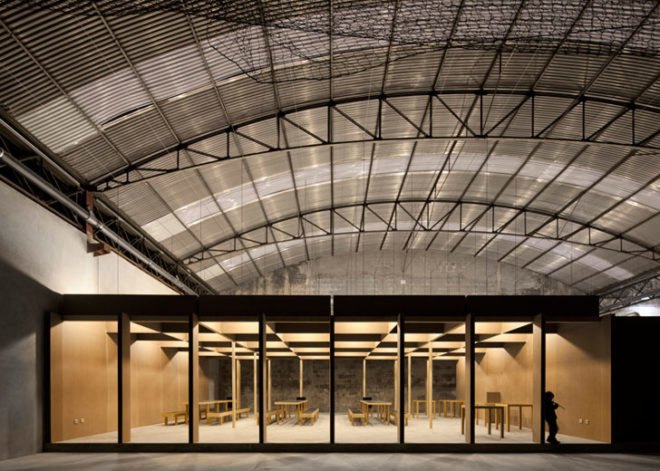 Comoco Architects, Portugal, N10 Sports Facility, Coimbra, Soccer, renovation, warehouse, interior space, soccer field, MDF boards,