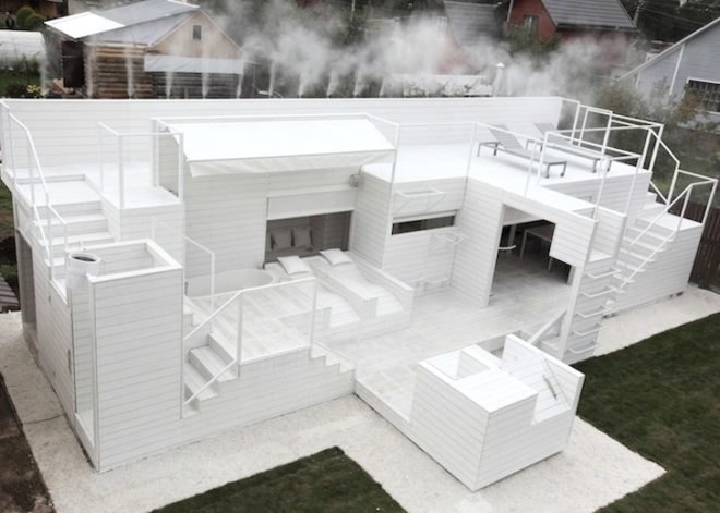 Origami, Dacha's Origami, all white house, timber, Russia, Peter Kostelov, summer home, green design, minimalist design, sustainable design, eco-design, Dachniy Otvet, solar battery,