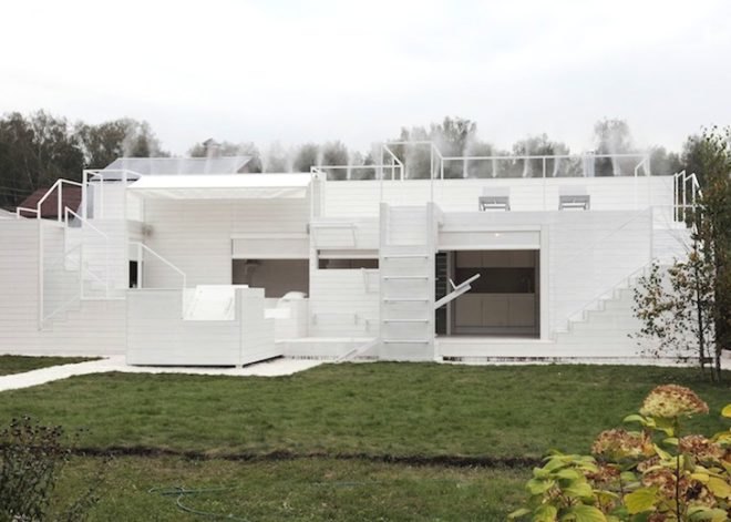Origami, Dacha's Origami, all white house, timber, Russia, Peter Kostelov, summer home, green design, minimalist design, sustainable design, eco-design, Dachniy Otvet, solar battery,