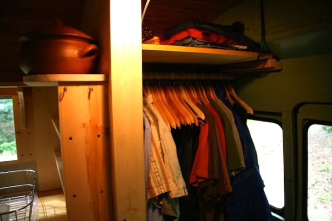 school bus conversion, architecture, green renovation, green design, sustainable design, eco-design, bus, wpi Creative, Cascades, USA, wood-fired stove, natural ventilation, mobile home