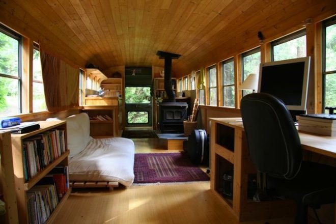 school bus conversion, architecture, green renovation, green design, sustainable design, eco-design, bus, wpi Creative, Cascades, USA, wood-fired stove, natural ventilation, mobile home