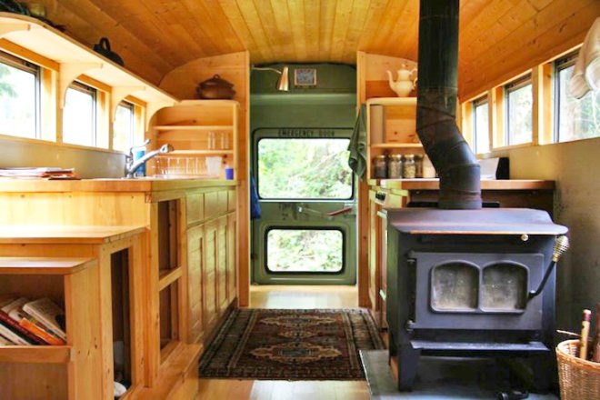 school bus conversion, architecture, green renovation, green design, sustainable design, eco-design, bus, wpi Creative, Cascades, USA, wood-fired stove, natural ventilation, mobile home