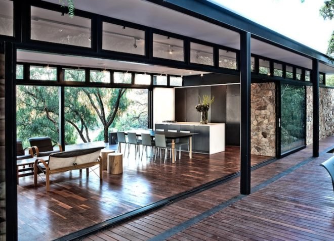 local materials, westcliff pavilion, johannesburg, south africa, prefab construction, floating stone wall, local materials, small footprint, minimize site disturbance, green design, sustainable design, eco-design, GASS, steel