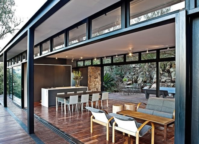 local materials, westcliff pavilion, johannesburg, south africa, prefab construction, floating stone wall, local materials, small footprint, minimize site disturbance, green design, sustainable design, eco-design, GASS, steel