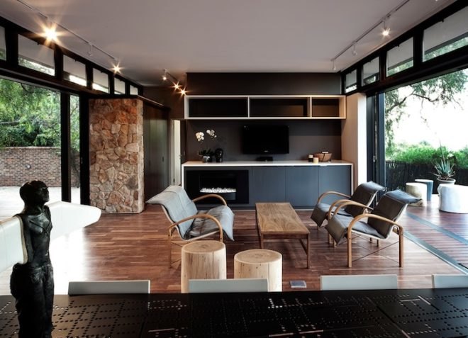 local materials, westcliff pavilion, johannesburg, south africa, prefab construction, floating stone wall, local materials, small footprint, minimize site disturbance, green design, sustainable design, eco-design, GASS, steel