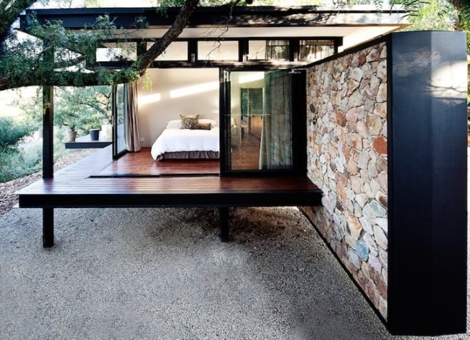 local materials, westcliff pavilion, johannesburg, south africa, prefab construction, floating stone wall, local materials, small footprint, minimize site disturbance, green design, sustainable design, eco-design, GASS, steel