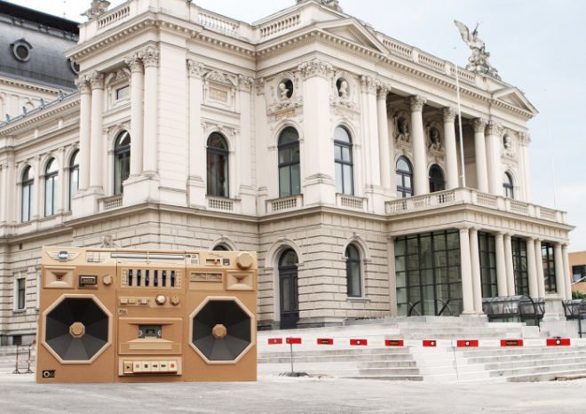 bartek elsner, mini cooper, international radio festival, zurich, ghetto blaster, boom box, cardboard