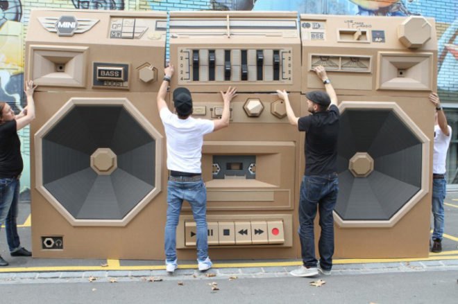 bartek elsner, mini cooper, international radio festival, zurich, ghetto blaster, boom box, cardboard