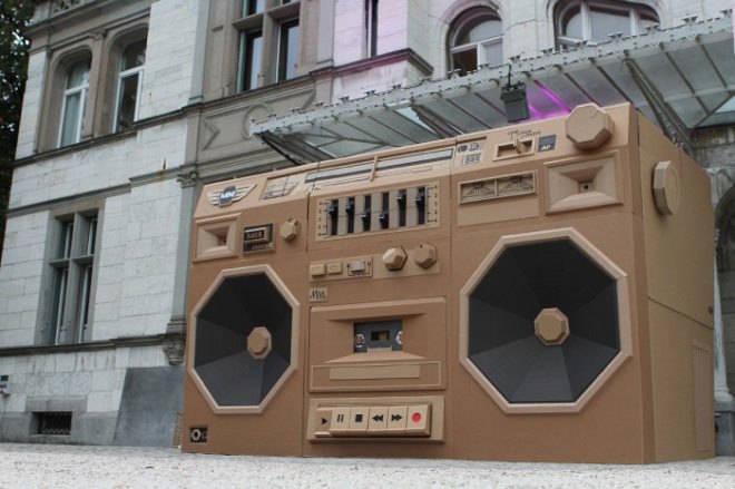 bartek elsner, mini cooper, international radio festival, zurich, ghetto blaster, boom box, cardboard