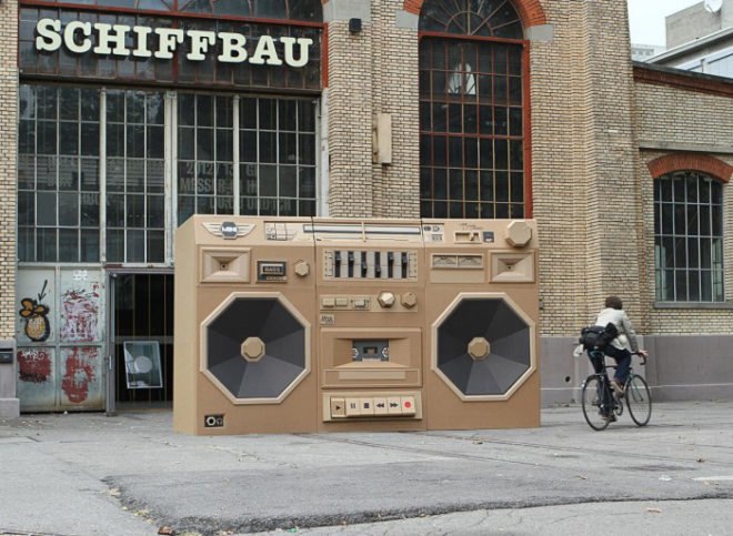 bartek elsner, mini cooper, international radio festival, zurich, ghetto blaster, boom box, cardboard