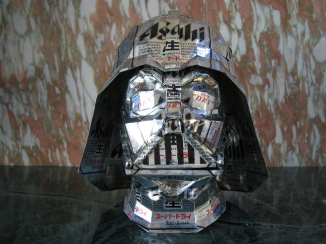 macaon, sculpture, can craft, aluminum can, beer, soda, darth vader, helmet
