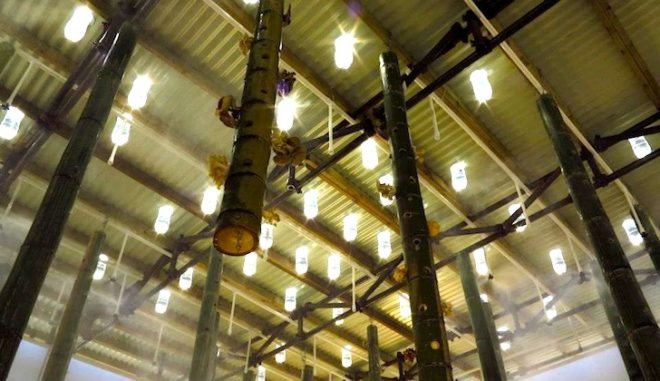 Touching the Earth Lightly, South Africa, Cape Town, Shanghai, solar bulbs, bamboo stalactites, mushroom farm, Biennale pavilion, plastic light bulbs, slums, low cost housing, urban design, Liter of Light, green design, sustainable design, Stephen Lamb, COP 17