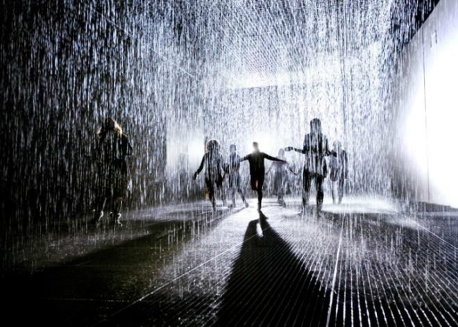 rain room, random international, barbican centre, weather installation, sustainable art, green art, interactive artwork