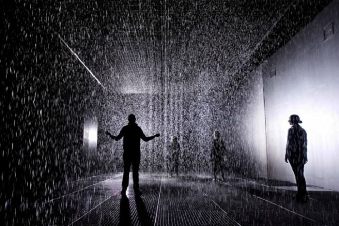 rain room, random international, barbican centre, weather installation, sustainable art, green art, interactive artwork