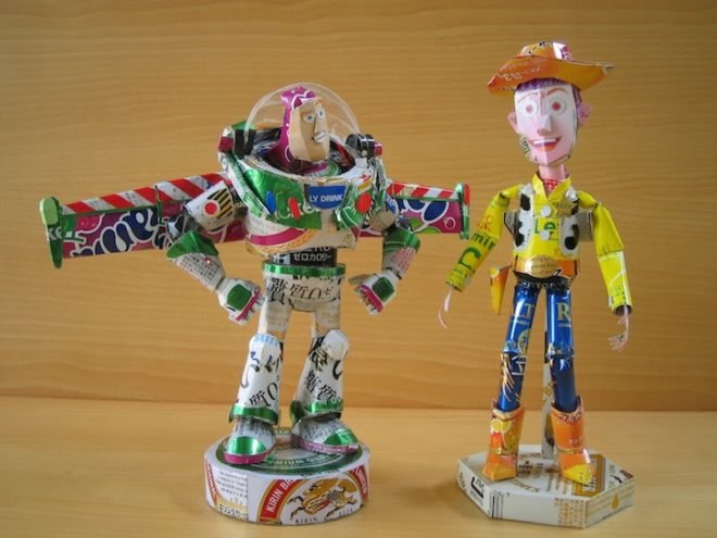 eco-art, Makaon, Japanese art, recycling, pop culture, recycled materials, green design, american pop culture, sustainable design, eco-design, Darth Vader, Batman, cans, trash