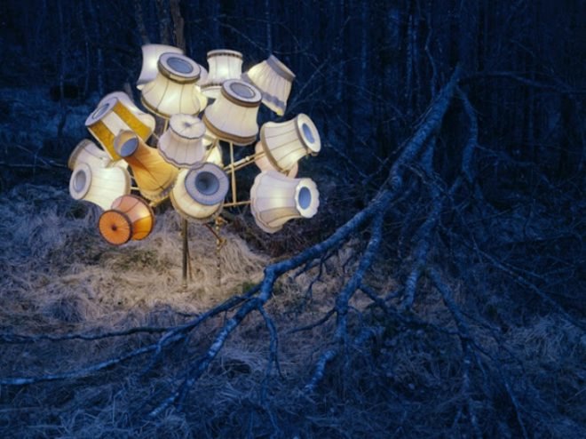 Rune Guneriussen, temporary installation, green art, sustainable artwork, nature art, everyday objects, recycled materials, repurposed objects, sustainable design, green design, light installation, land art