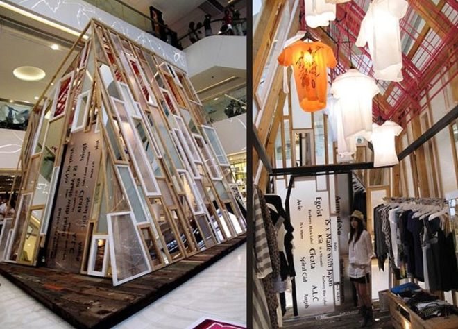 green design, eco design, sustainable design, MOMO Shop, Andy Tong, recycled materials, recycled window architecture, disused windows, pop up shop