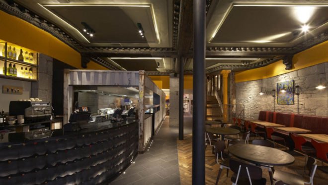 BuckleyGrayYeoman, Nando’s, Dundee, Scotland, Shipping Container, restaurant, historic building, industrial, cargotecture, Portuguese, chicken