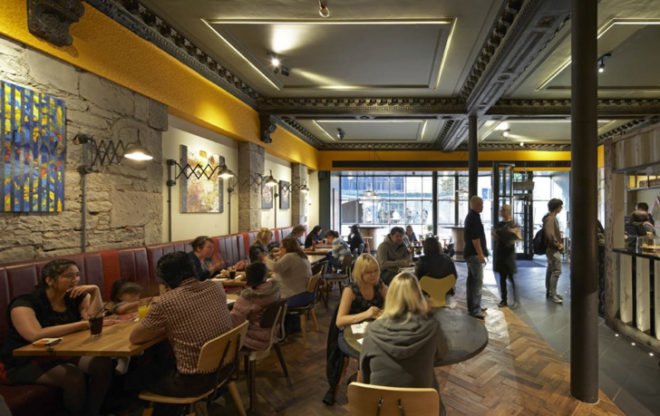 BuckleyGrayYeoman, Nando’s, Dundee, Scotland, Shipping Container, restaurant, historic building, industrial, cargotecture, Portuguese, chicken