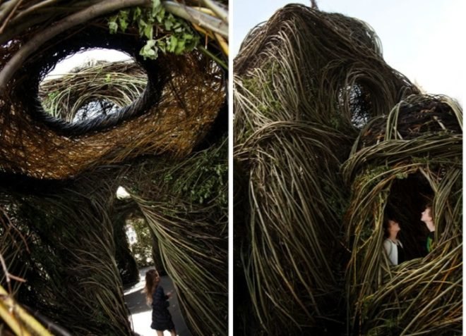Patrick Dougherty, Ballroom, Willow Nest, Melbourne, Federation Square, St. Paul's Cathedral, public art, environmental art, invasive species, willow, Australia, green design, green art, sustainable design, eco-design, eco-art,