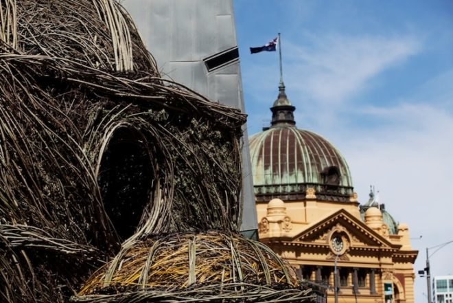 Patrick Dougherty, Ballroom, Willow Nest, Melbourne, Federation Square, St. Paul's Cathedral, public art, environmental art, invasive species, willow, Australia, green design, green art, sustainable design, eco-design, eco-art,