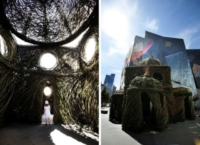 Patrick Dougherty, Ballroom, Willow Nest, Melbourne, Federation Square, St. Paul's Cathedral, public art, environmental art, invasive species, willow, Australia, green design, green art, sustainable design, eco-design, eco-art,