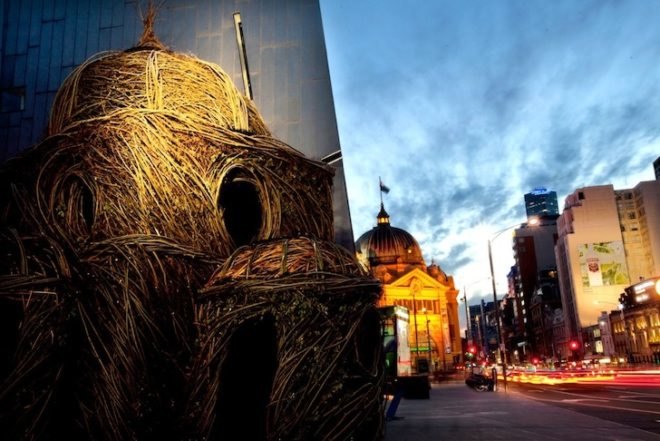 Patrick Dougherty, Ballroom, Willow Nest, Melbourne, Federation Square, St. Paul's Cathedral, public art, environmental art, invasive species, willow, Australia, green design, green art, sustainable design, eco-design, eco-art,