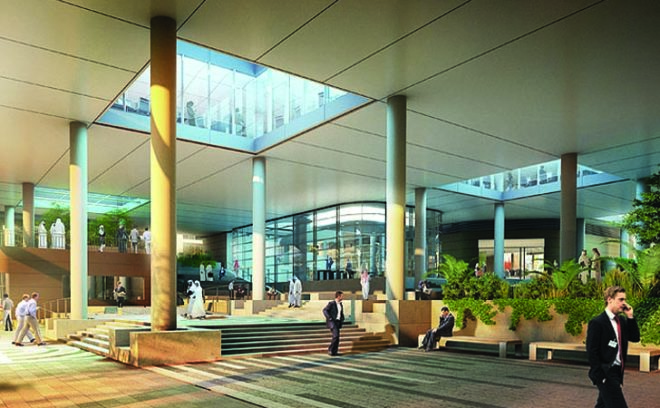 Siemens Headquarters Middle East, Masdar City, Abu Dhabi, LEED Platinum building, first LEED Platinum office building in the Middle East, Foster and Partners, Masdar, renewable energy company in Abu Dhabi, shading system, maximizing daylight, maximixing views, mitigating solar heat gain, reducing energy consumption, reducing water consumption, space plan flexibility, void-forming technology, sustainable urban design, connection to transit, connection to pedestrians