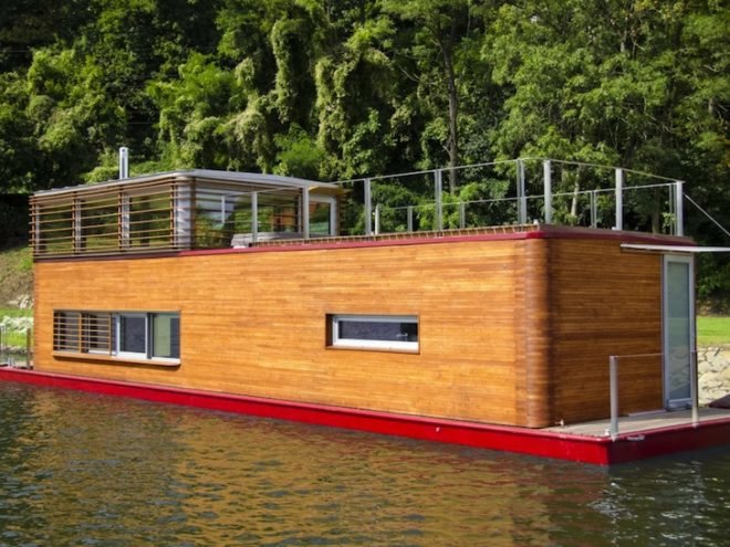 SayBoat, Milan Řídký, Czech Republic, floating houses, LED lighting, minimalist design, house boat, boat house, beech wood, sustainable beech, daylighting, floor heating, fireplace, loft, sustainable design, green design, eco-design