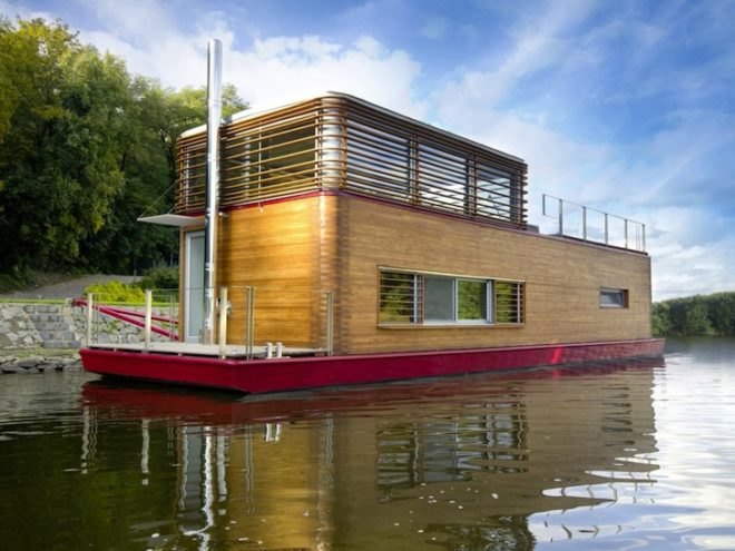 SayBoat, Milan Řídký, Czech Republic, floating houses, LED lighting, minimalist design, house boat, boat house, beech wood, sustainable beech, daylighting, floor heating, fireplace, loft, sustainable design, green design, eco-design