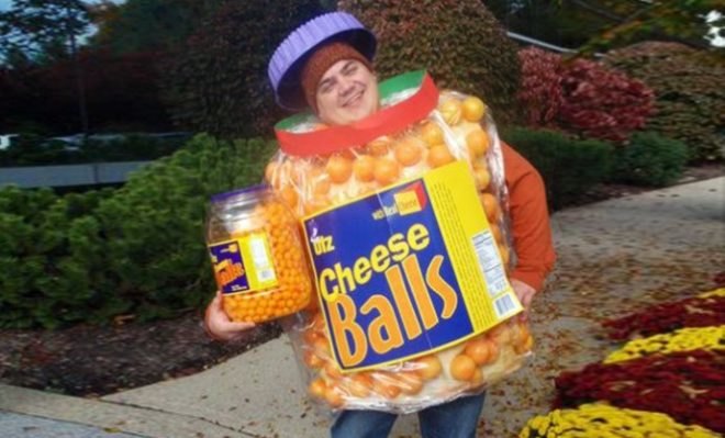 Barrel of Cheese Balls Halloween Costume, Paul Zakrzewski, Inhabitat Green Halloween Costume Contest 2012 Finalists, inhabitat halloween costume contest finalists, halloween costume, costume contest, diy costume, eco-friendly costume, green halloween, green halloween 2012, halloween, inhabitat green halloween costume contest, sustainable costume, homemade halloween costume, halloween costume ideas, diy costume ideas, handmade halloween costumes, green halloween diy costume contest