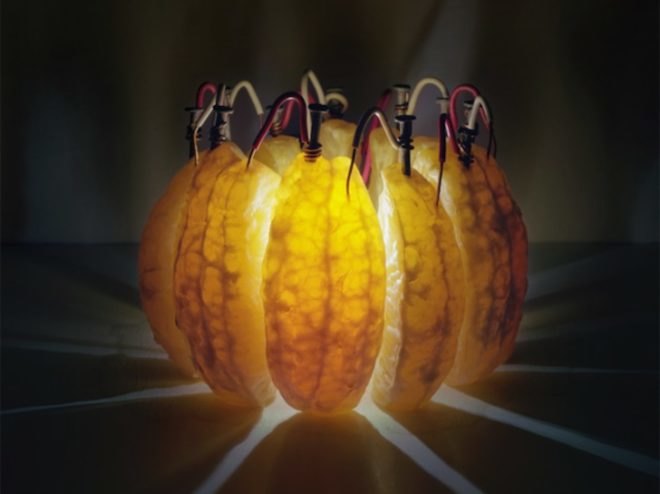 Caleb Charland, orange battery, citric acid battery, fruit-powered battery, eco-art, photography, clean energy, renewable energy, potato battery, apple battery, vinegar battery, design, eco-design, sustainable design