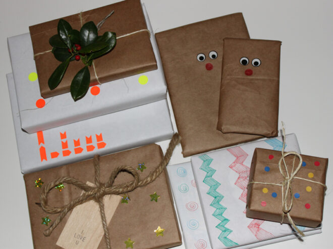 eco kids, green kids, green design for kids, eco holidays, green holidays, diy gift wrap, recycled gift wrap, jennie lyon, how to