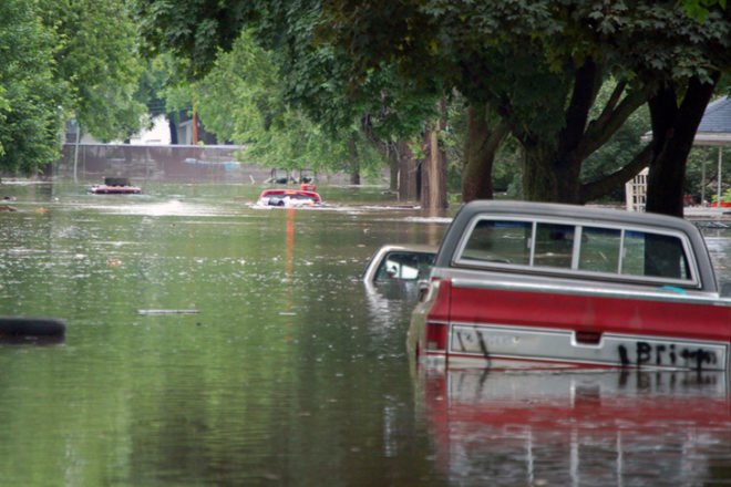 flooded street, pickup truck, flooding, floodwaters