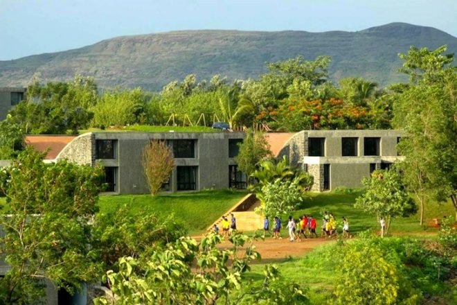 rolling hills, India, Pune, Maharashtra, Madhav Josh, boarding school, natural materials, daylighting, education, green design, passive design, sustainable design, skylights,