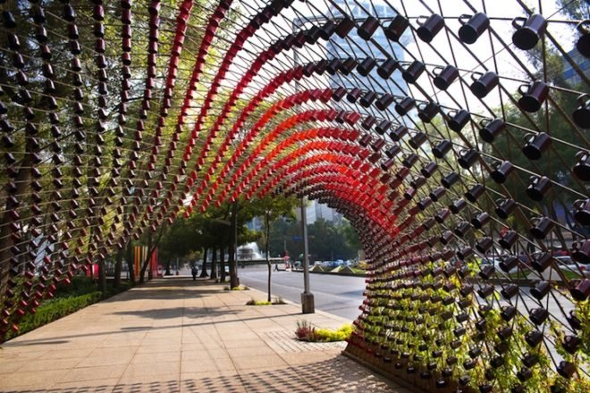 Portal of Awareness, marketing, urban design, green design, sustainable design, Nescafe, Rojkind Arquitectos, Mexico City, Mexico, arches, vines
