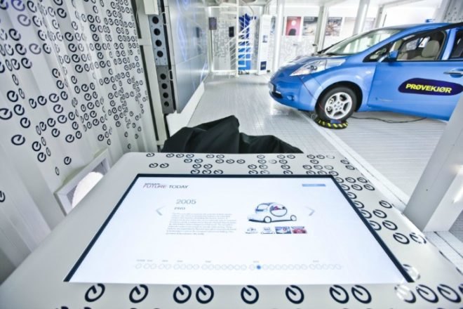 WhiteCrates, Nissan LEAF, mobile exhibitions, upcycled shipping containers, renovated containers, sustainable design, zero emissions, green architecture
