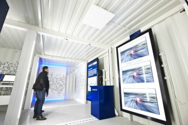 WhiteCrates, Nissan LEAF, mobile exhibitions, upcycled shipping containers, renovated containers, sustainable design, zero emissions, green architecture
