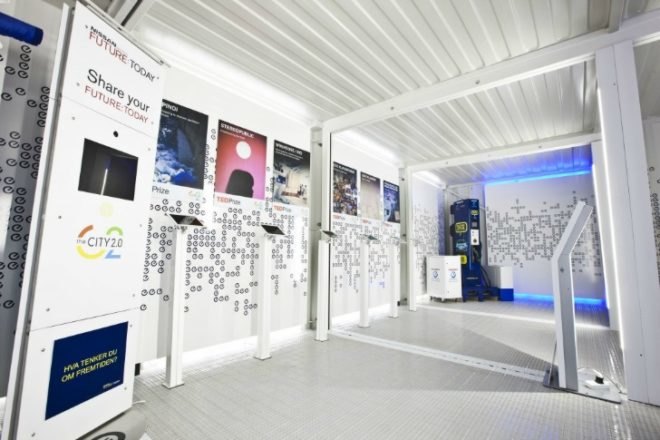 WhiteCrates, Nissan LEAF, mobile exhibitions, upcycled shipping containers, renovated containers, sustainable design, zero emissions, green architecture