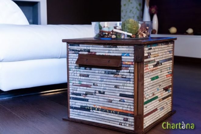 salvaged materials, newspaper, recycled furniture, repurposed materials, chartana table