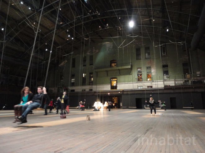 green design, eco design, sustainable design, Ann Hamilton, The event of the thread, Park Avenue Armory, interactive art installations NYC, swing art installation, Aristotle, trained pigeons