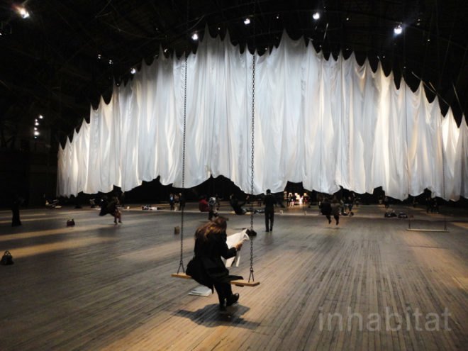 green design, eco design, sustainable design, Ann Hamilton, The event of the thread, Park Avenue Armory, interactive art installations NYC, swing art installation, Aristotle, trained pigeons