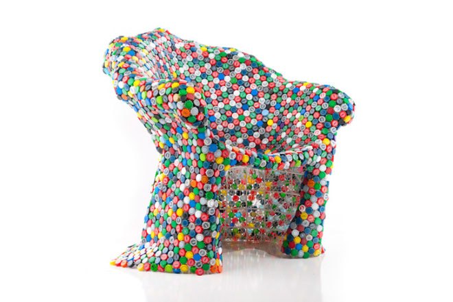 BRC Designs, Capped Out Chair, Spartanburg, recycled bottle tops, recycled plastic, recycled steel, Art, green furniture, Recycled Materials