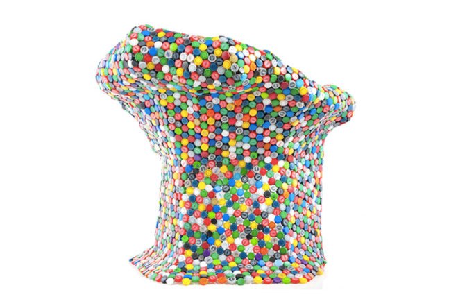 BRC Designs, Capped Out Chair, Spartanburg, recycled bottle tops, recycled plastic, recycled steel, Art, green furniture, Recycled Materials