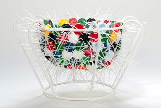 BRC Designs, Capped Out Chair, Spartanburg, recycled bottle tops, recycled plastic, recycled steel, Art, green furniture, Recycled Materials