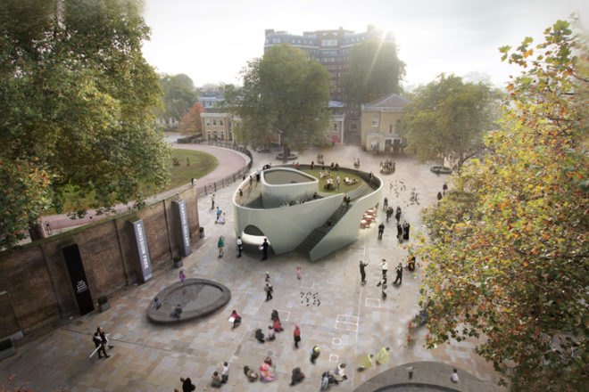 NEX Architecture, Cadogan Cafe, UK, Saatchi Gallery, Duke York Square, Chelsea, retractable glazed wall, coiled design, daylighting, King's Road, urban design