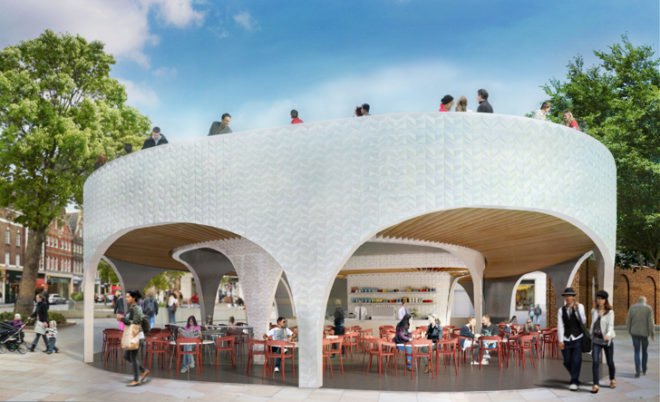 NEX Architecture, Cadogan Cafe, UK, Saatchi Gallery, Duke York Square, Chelsea, retractable glazed wall, coiled design, daylighting, King's Road, urban design