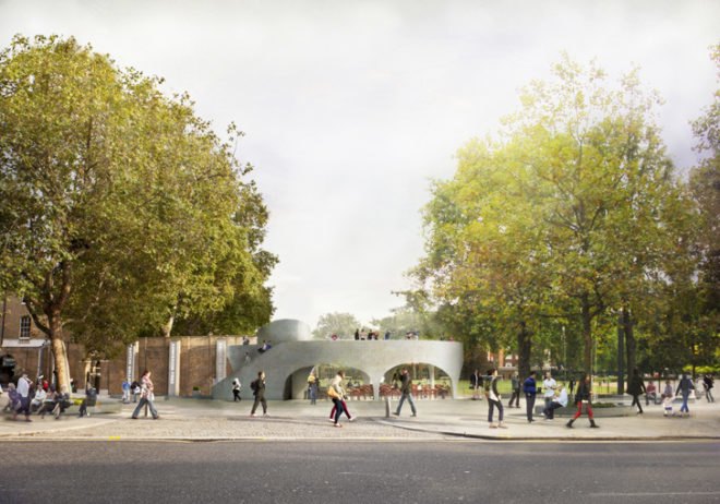 NEX Architecture, Cadogan Cafe, UK, Saatchi Gallery, Duke York Square, Chelsea, retractable glazed wall, coiled design, daylighting, King's Road, urban design